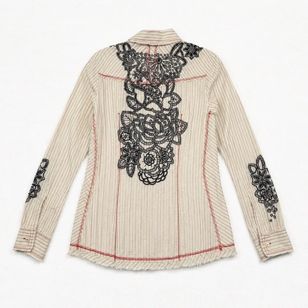 3J Workshop Johnny Was Pinstripe Embroidered Western Shirt XS Cream Red Black